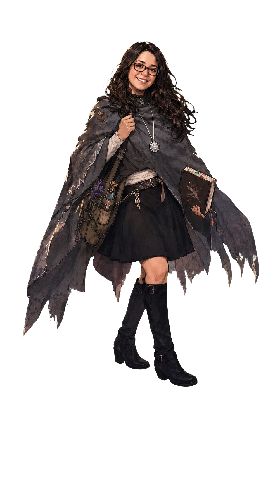 Transparent-background JRPG-inspired illustration of a smiling Maéva Techer as a field scientist.