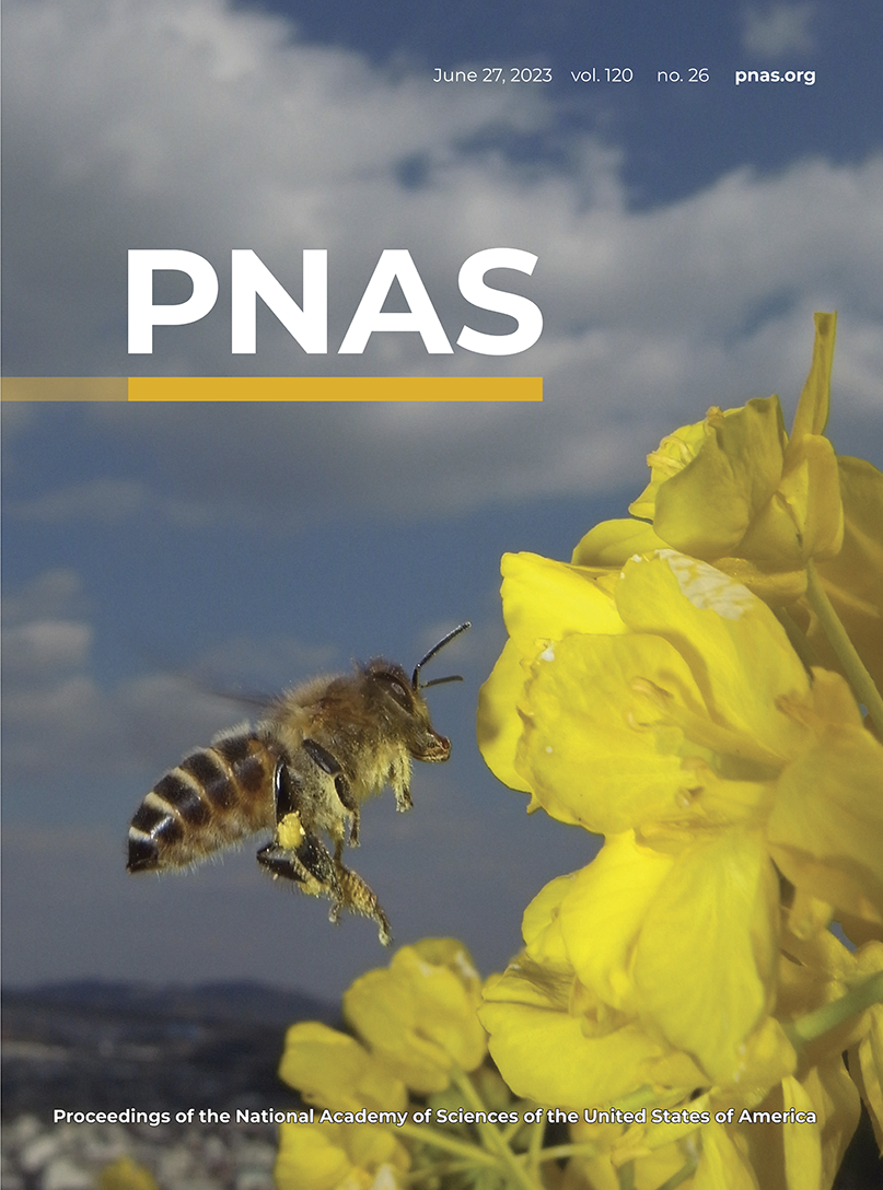 PNAS cover dated June 27, 2023, showing a honey bee flying toward yellow flowers.