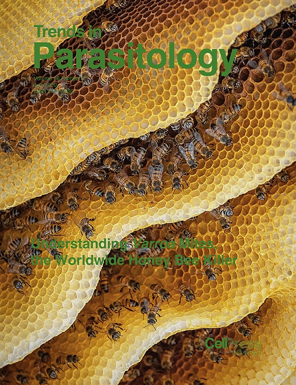 Trends in Parasitology cover showing honey bees moving across folded honeycomb.
