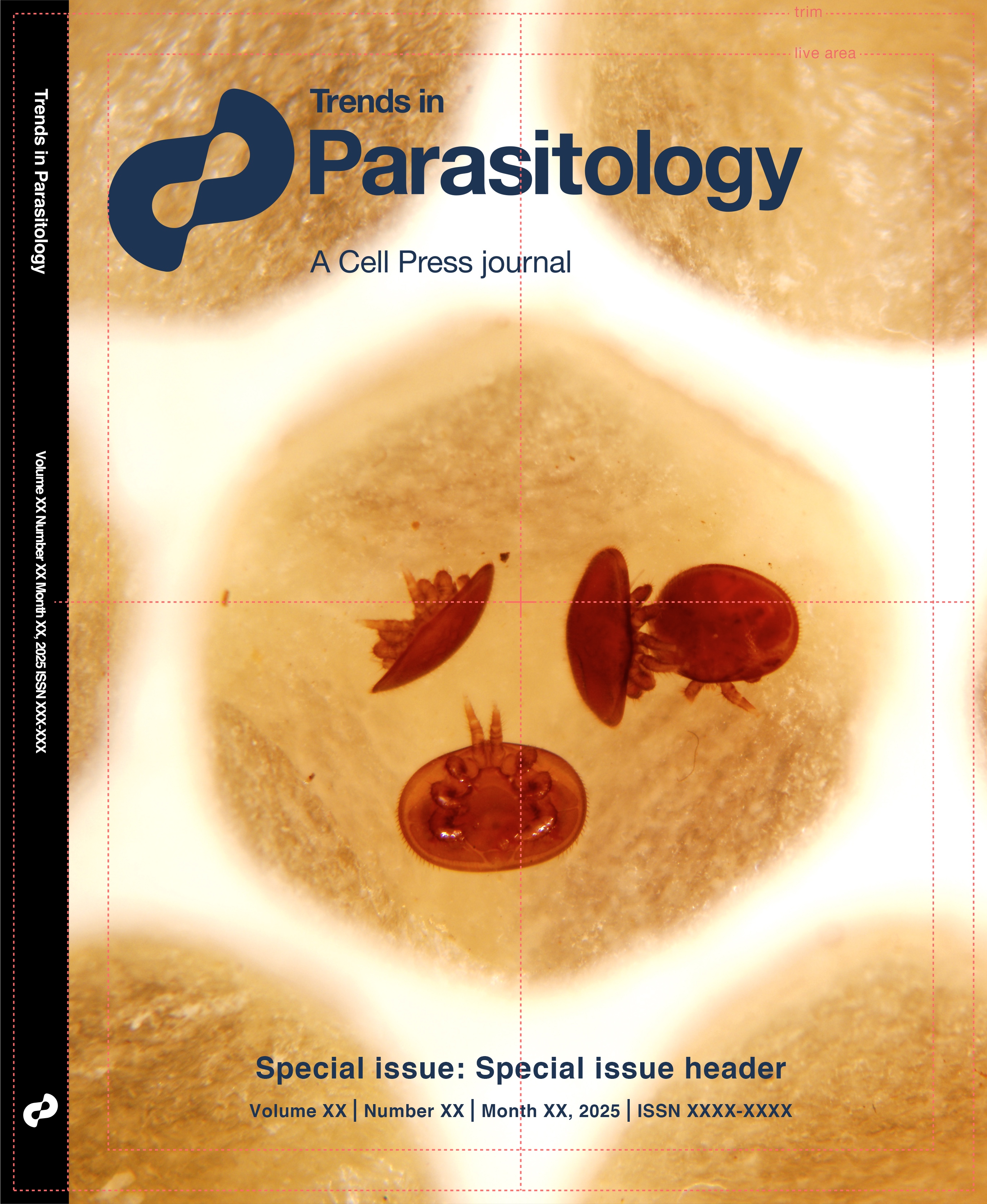 Trends in Parasitology cover artwork proof showing Varroa mites under magnification with trim and live-area guides.
