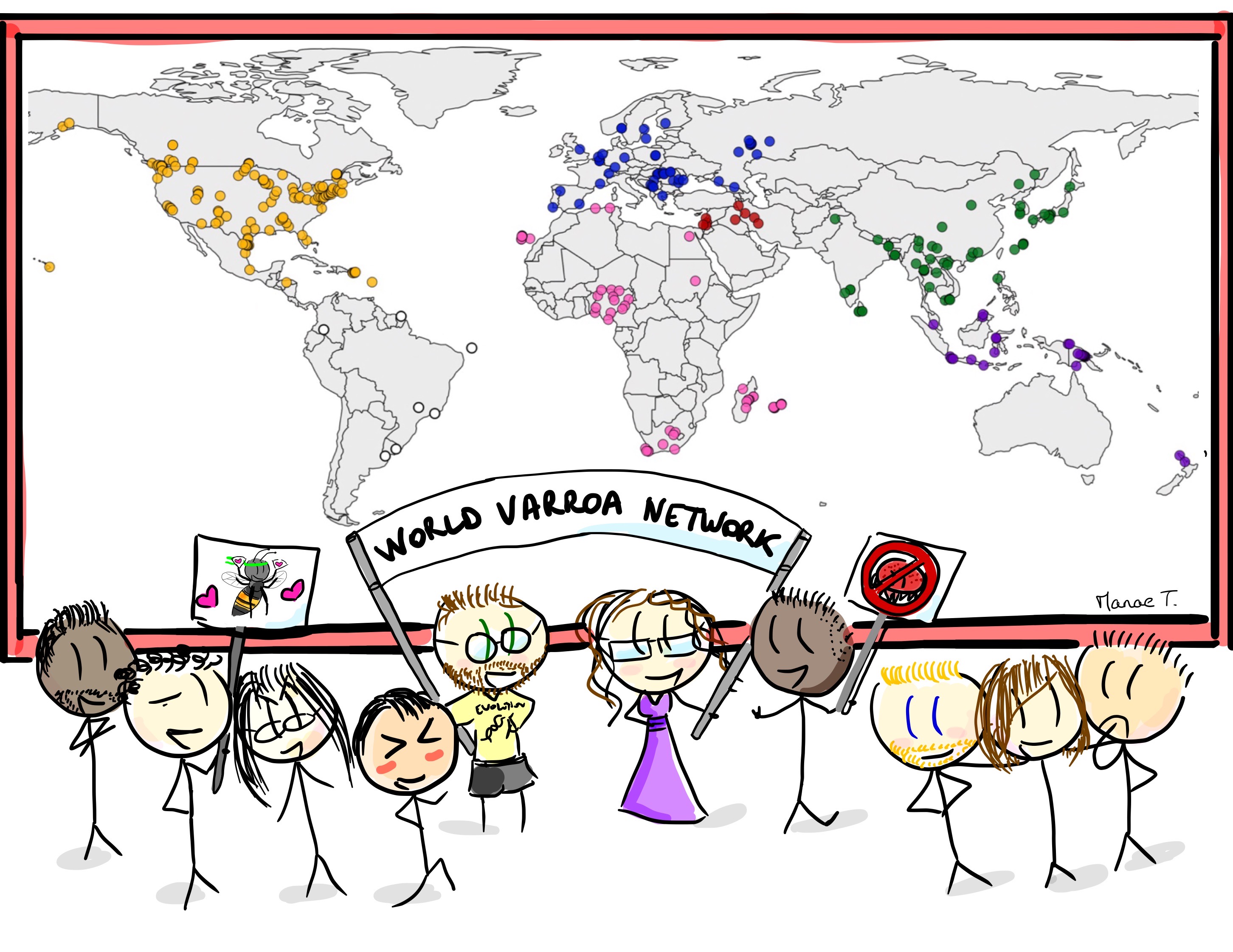 Hand-drawn World Varroa Network scene with a global sampling map and an international team of researchers.