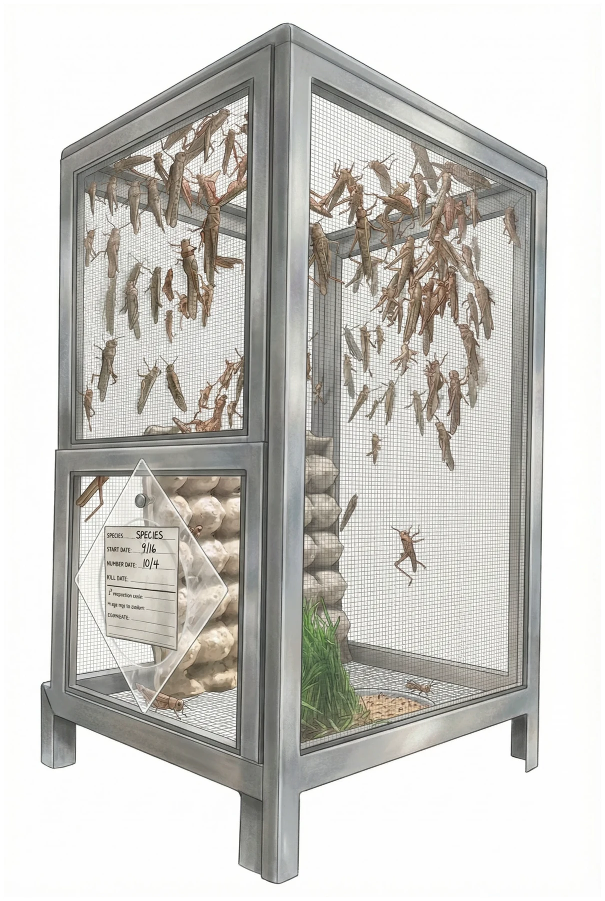 Detailed illustration of a tall laboratory cage containing a crowded colony of locusts.