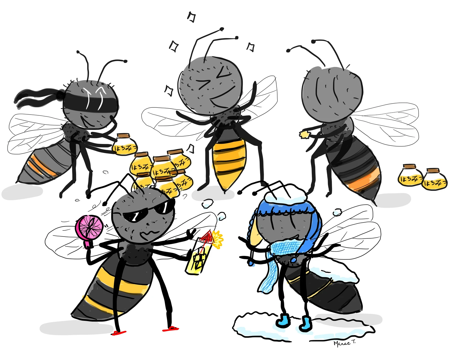 Cartoon honey bees collecting honey, celebrating, defending their colony, and working through winter.