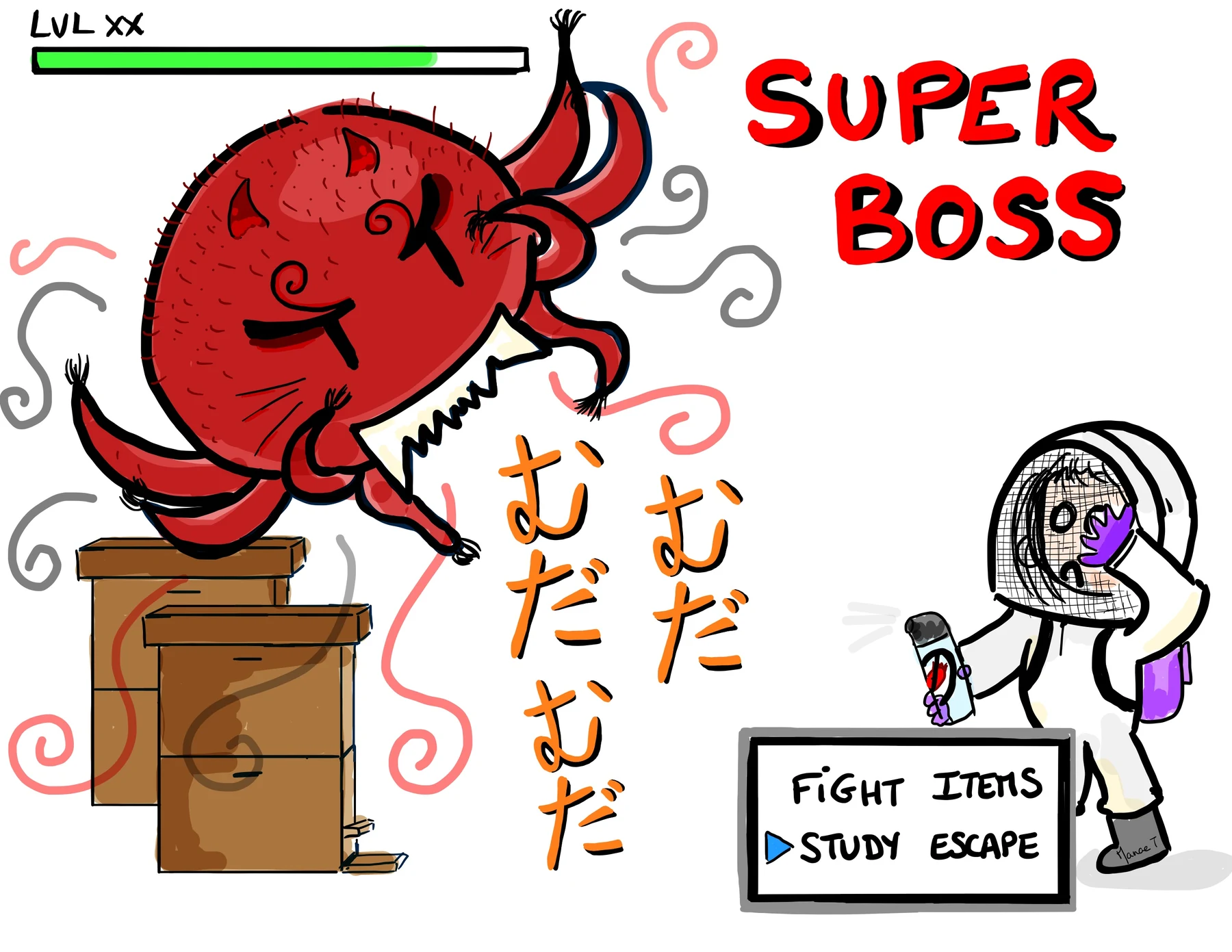 RPG-inspired cartoon of a giant red Varroa mite as a super boss confronting a researcher in a bee suit.